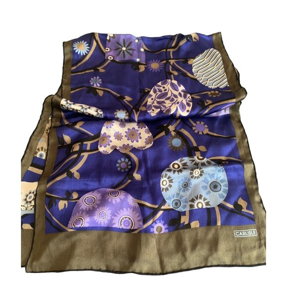 Vintage Carlisle Silk Blue Purple Taupe Floral Rectangle Art Scarf Rolled Edge - Picture 3 of 7